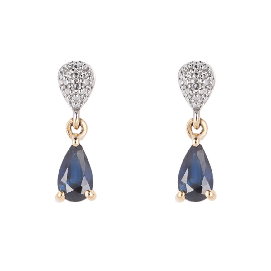 9ct Yellow Gold Blue Sapphire And Diamond Teardrop Drop Earrings GE2420L