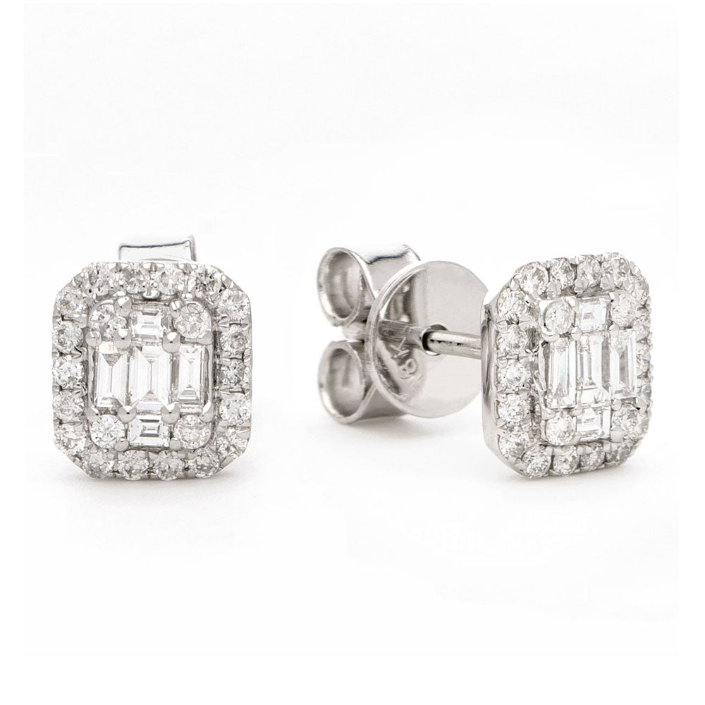 18ct White Gold 0.28ct Baguette and Round Brilliant Cut Diamond Halo Cluster Earrings