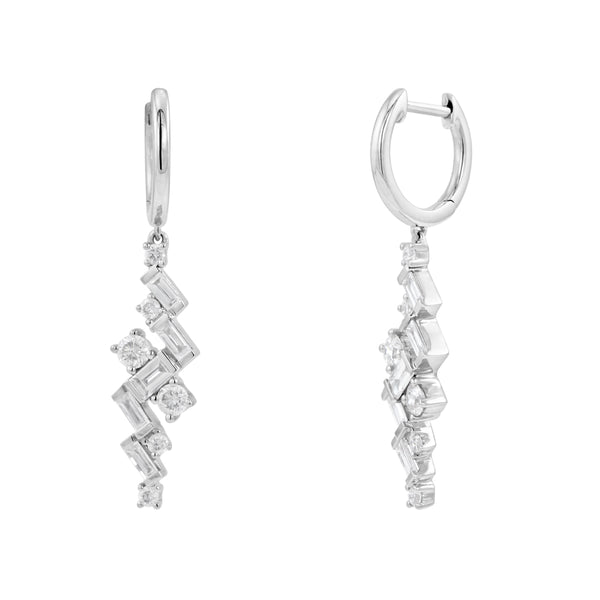 18ct White Gold 0.88ct Baguette and Round Brilliant Cut Diamond Zig Zag Drop Earrings