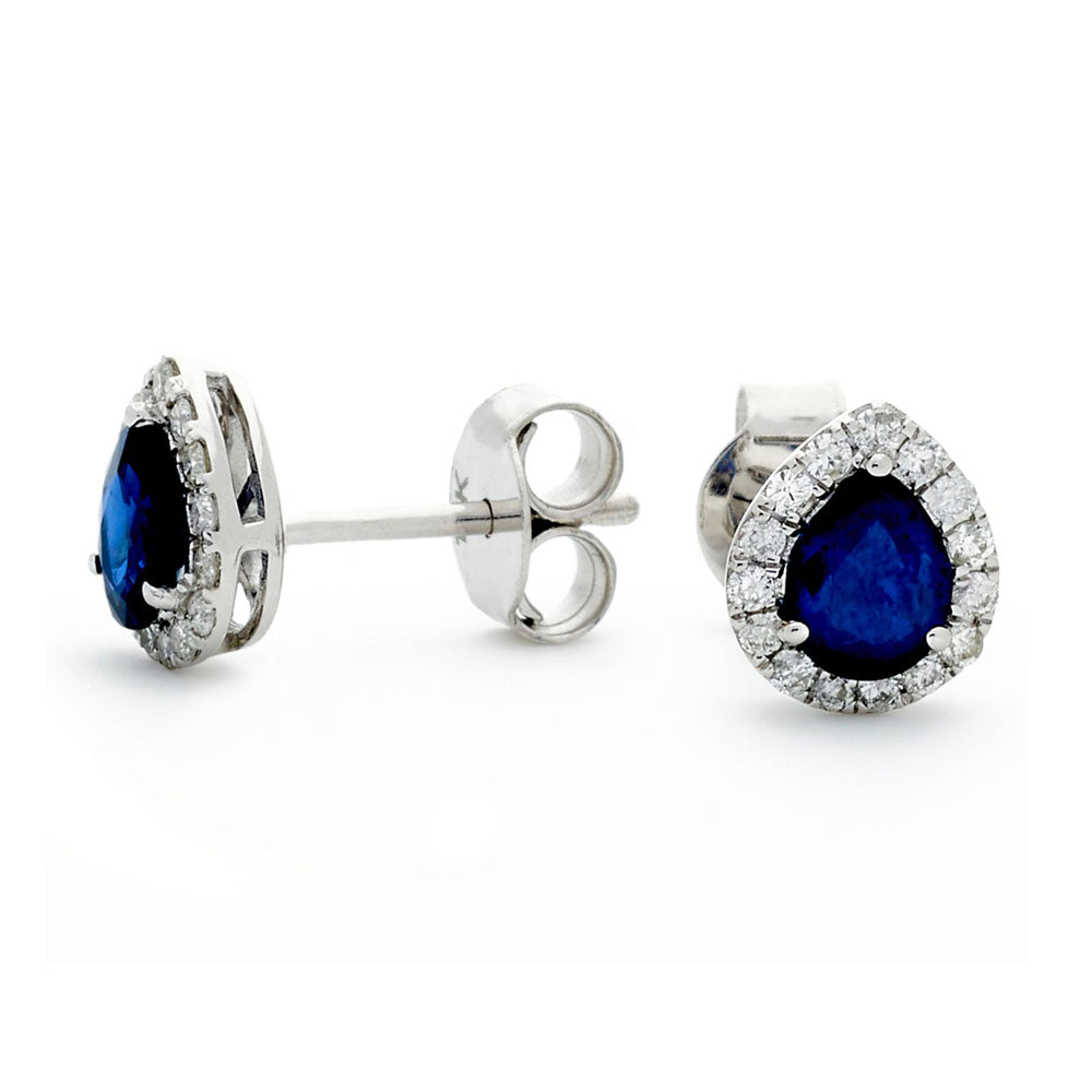 18ct White Gold 0.69ct Pear Cut Sapphire and 0.18ct Diamond Stud Earrings