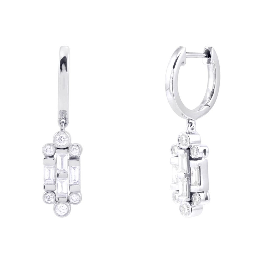 18ct White Gold 0.52ct Mixed Baguette And Round Brilliant Cut Diamond Drop Earrings