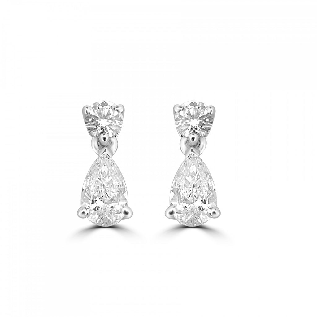 18ct White Gold 0.90ct Pear And Round Brilliant Cut Diamond Drop Earrings