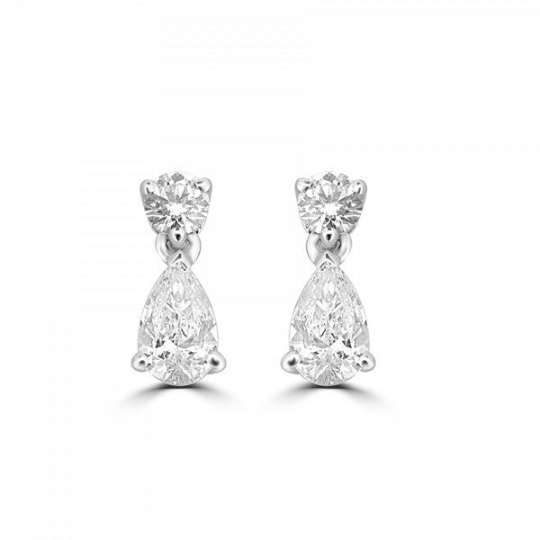 18ct white gold 0.90ct pear and round brilliant cut diamond drop earrings