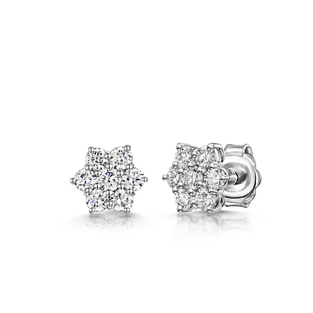 18ct White Gold 1.00ct Round Brilliant Cut Diamond Flower Cluster Stud Earrings
