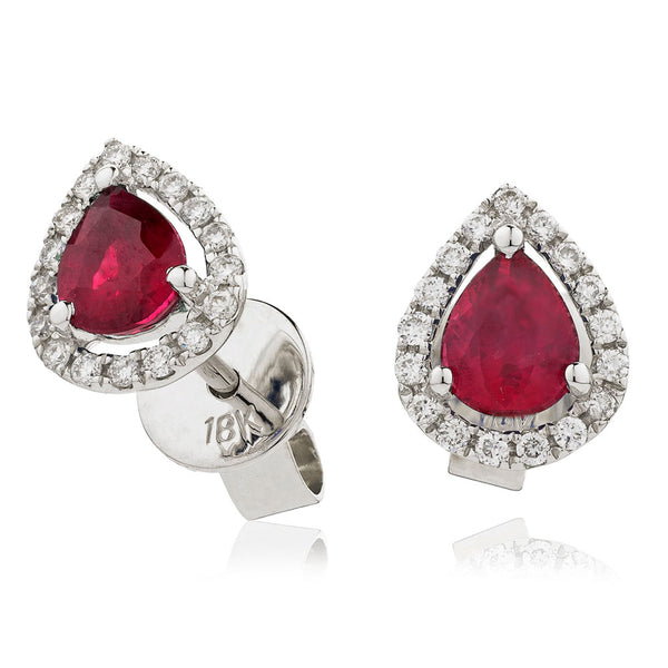 18ct White Gold 0.85ct Pear Cut Ruby and 0.15ct Diamond Halo Earrings