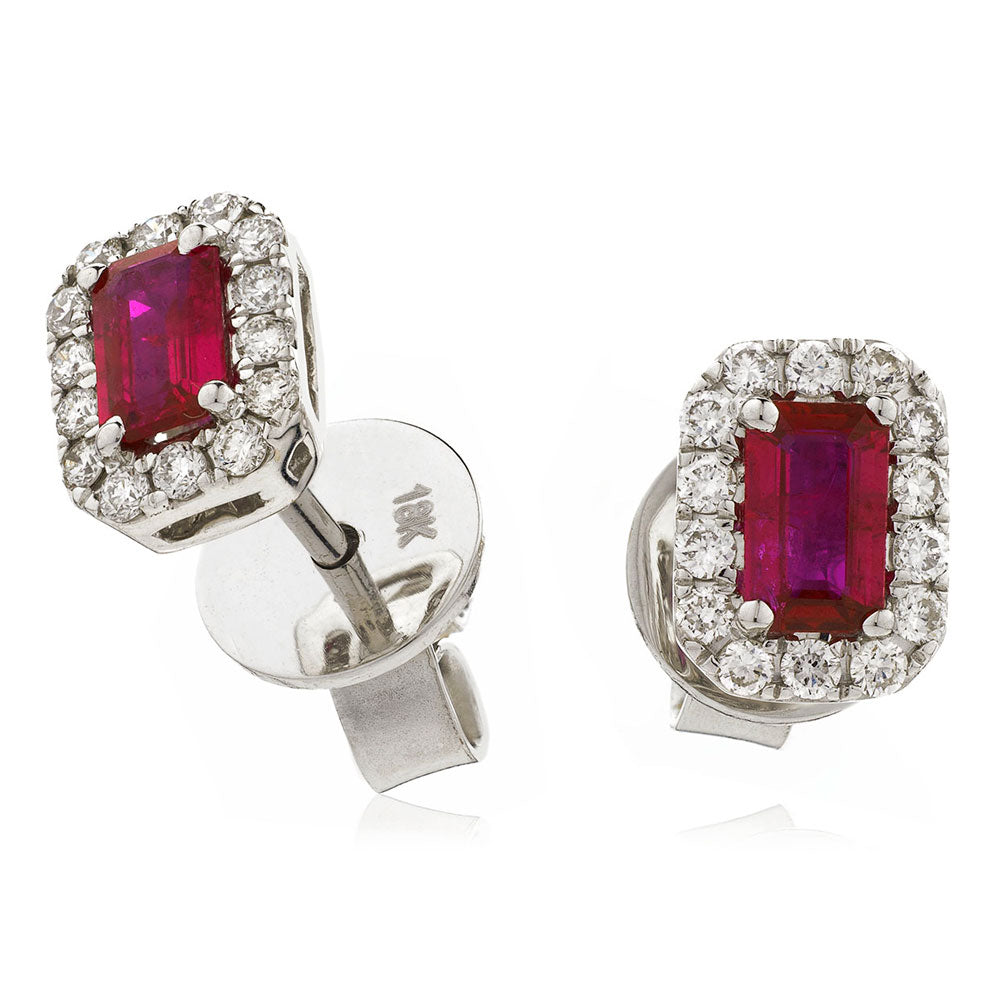 18ct White Gold 0.59ct Emerald Cut Ruby and 0.26ct Diamond Halo Earrings