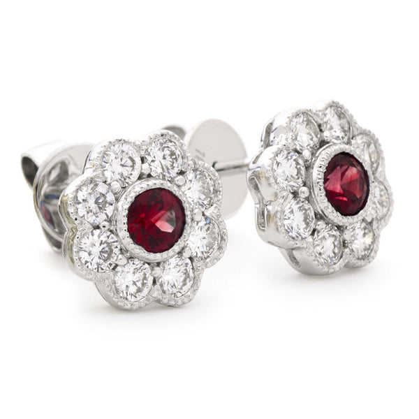 18ct White Gold 0.45ct Ruby and 0.70ct Diamond Flower Stud Earrings