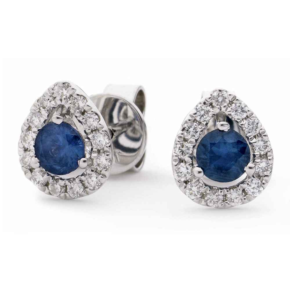 18ct White Gold 0.45ct Round Brilliant Cut Sapphire and 0.20ct Diamond Pear Halo Stud Earrings