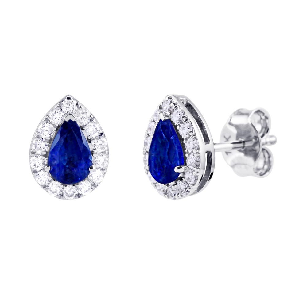 18ct White Gold 1.06ct Pear Cut Sapphire And 0.31ct Diamond Halo Earrings