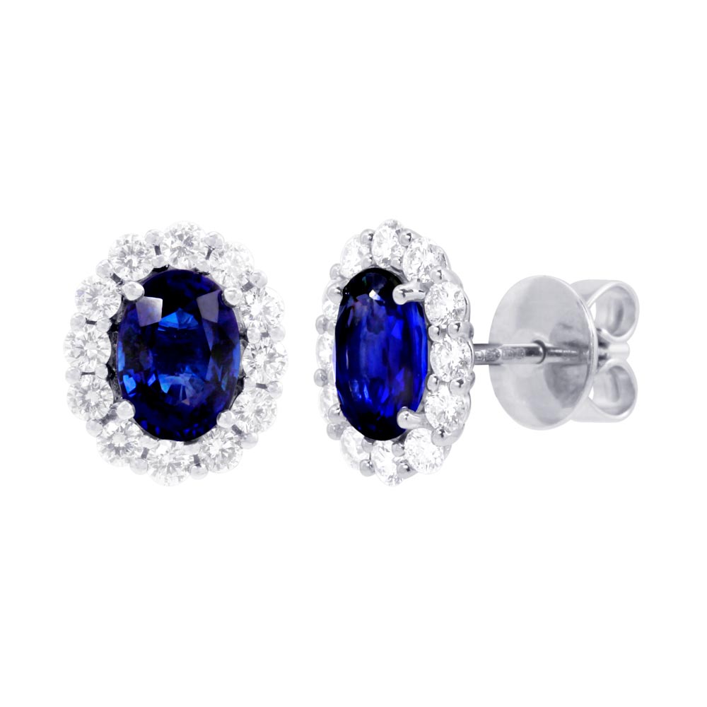 18ct White Gold 2.06ct Oval Cut Blue Sapphire and 0.66ct Diamond Halo Earrings