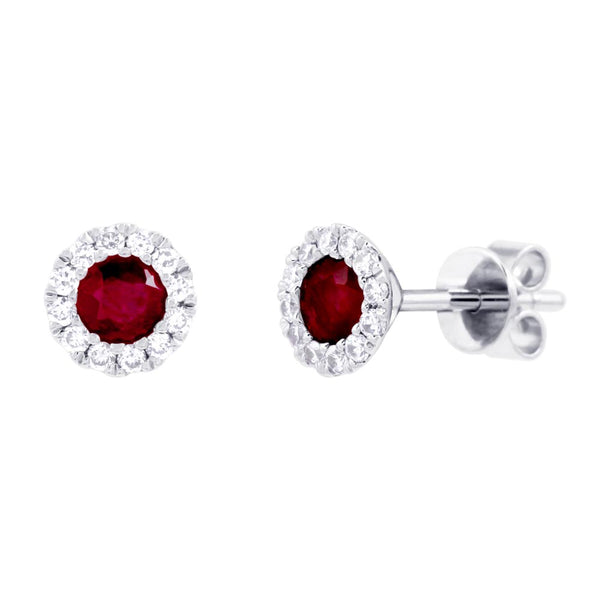 18ct White Gold 0.41ct Round Brilliant Cut Ruby and 0.17ct Diamond Halo Earrings