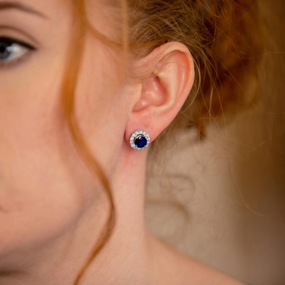 18ct White Gold 2.61ct Sapphire and 0.70ct Diamond Halo Earrings