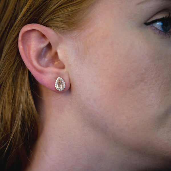 18ct Rose Gold 0.41ct Diamond & 1.42ct Morganite Pear Shaped Stud Earrings Life Style Image