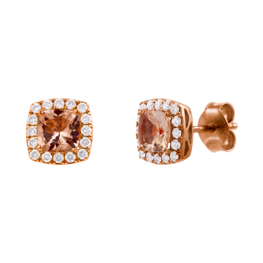 18ct Rose Gold 0.29ct Diamond & 1.09ct Morganite Square Shaped Stud Earrings
