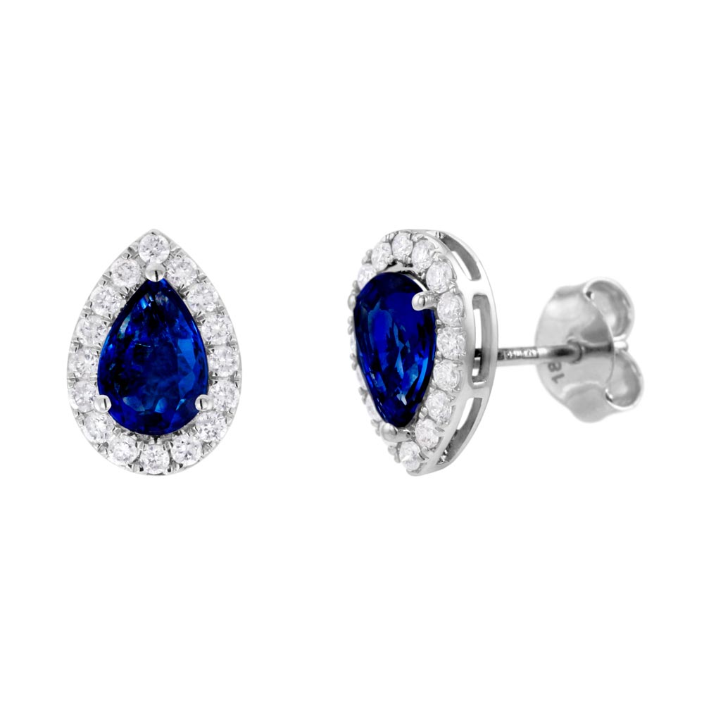 18ct White Gold 1.40ct Pear Cut Sapphire And 0.32ct Diamond Halo Stud Earrings