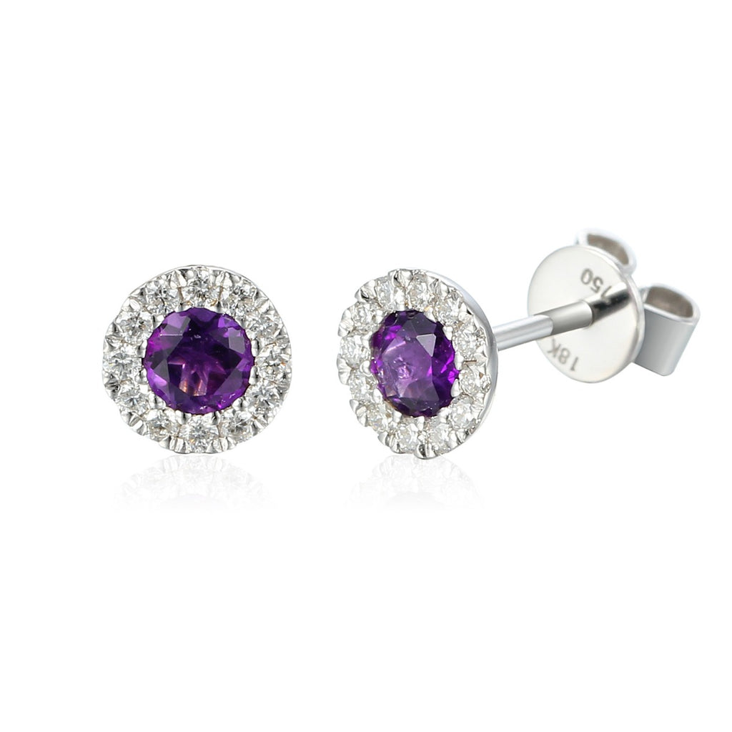 18ct White Gold 0.34ct Amethyst And 0.17ct Diamond Cluster Earrings