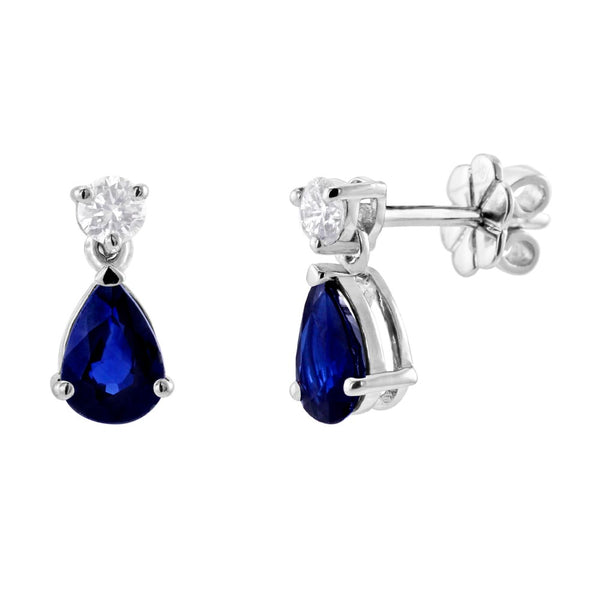 18ct White Gold 1.36ct Pear Cut Blue Sapphire And 0.24ct Round Brilliant Cut Diamond Drop Earrings