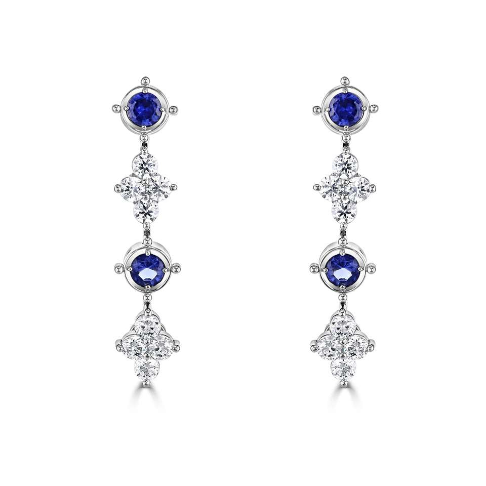 18ct white gold 0.36ct blue sapphire and 0.40ct diamond drop earrings