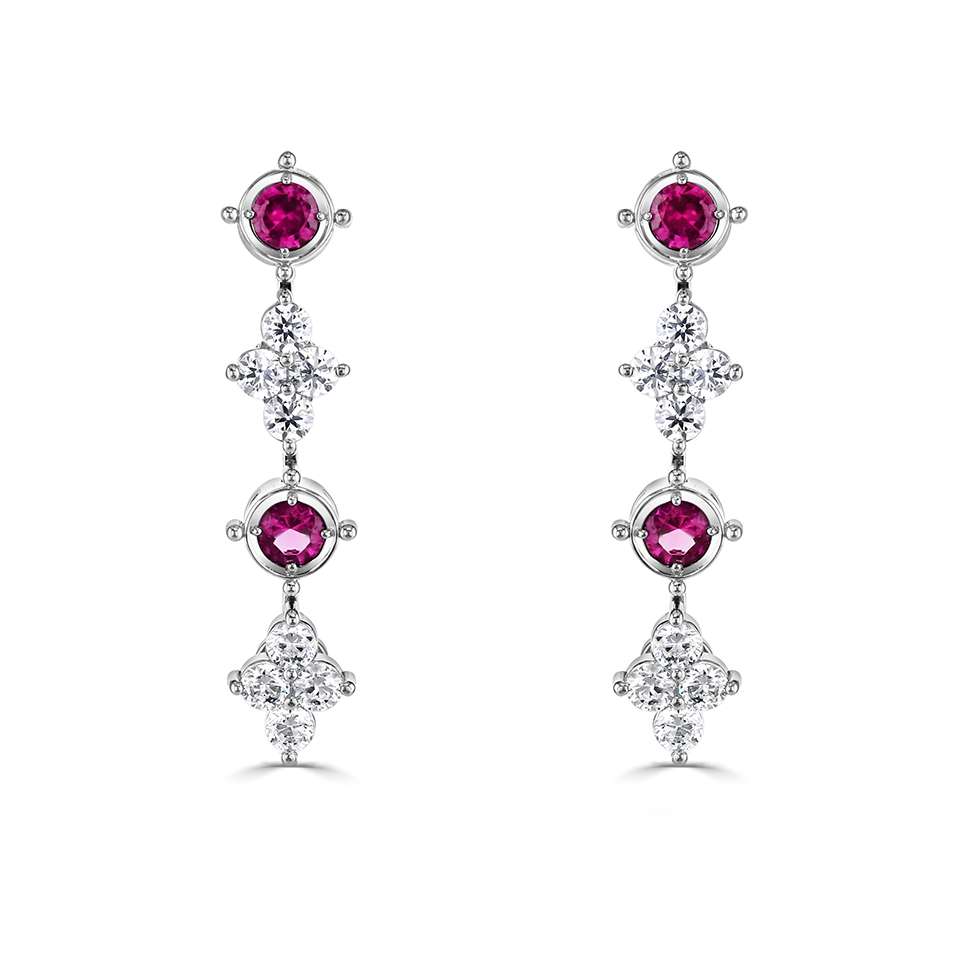 18ct white gold 0.36ct ruby and 0.40ct diamond drop earrings