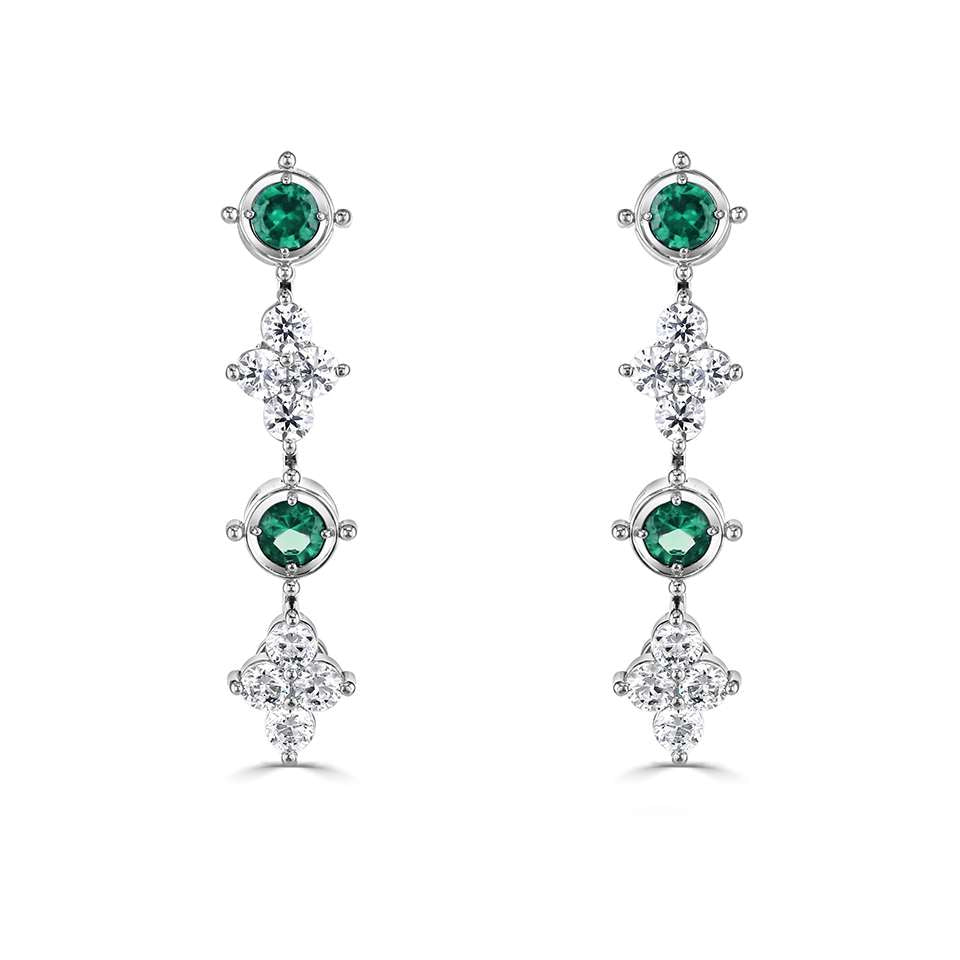 18ct white gold 0.32ct emerald and 0.40ct diamond drop earrings