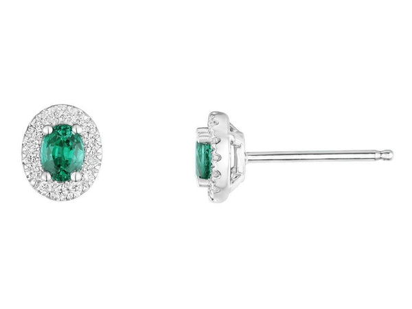 18ct white gold 0.40ct oval cut emerald and 0.11ct diamond halo stud earrings