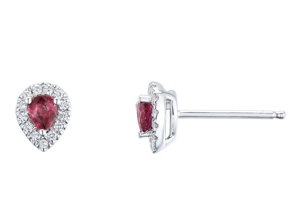 18ct white gold 0.44ct pear cut ruby and 0.13ct diamond halo stud earrings