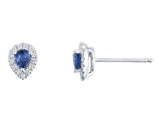 18ct white gold 0.44ct pear cut blue sapphire and 0.13ct diamond halo stud earrings