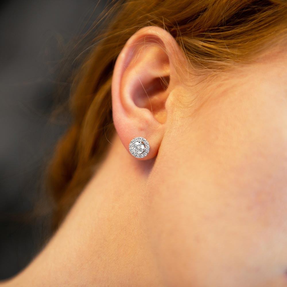 Platinum 1.36ct Round Brilliant Cut Diamond Halo Stud Earrings