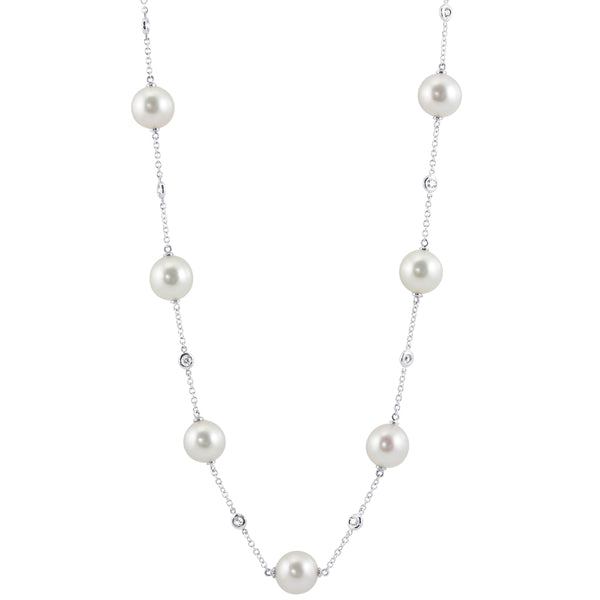 18ct White Gold Akoya Pearl and 0.92ct Diamond Long Chain Necklace