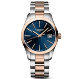 longines conquest classic 34mm blue dial red pvd steel ladies quartz watch