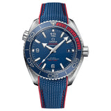 omega seamaster planet ocean 44mm blue dial pyeong chang 2018 limited edition automatic watch front facing upright image