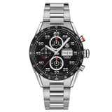 tag heuer carrera 43mm black dial day date automatic chronograph watch front facing upright image