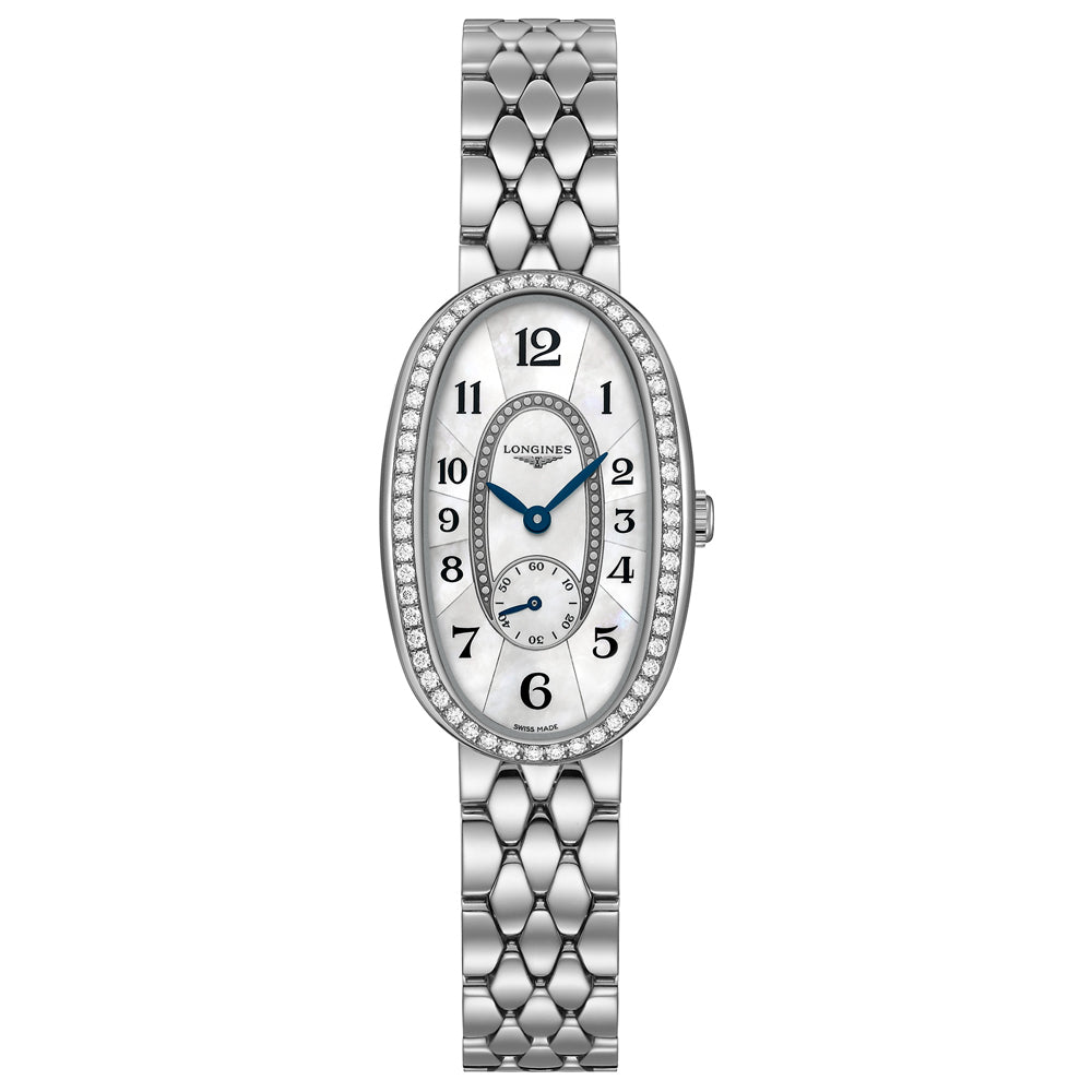 longines symphonette mother of pearl dial with diamond bezel watch front facing upright image