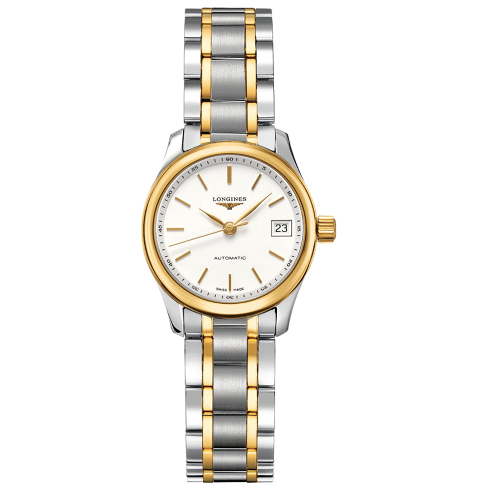 longines master collection 25.5mm white dial gold pvd steel two tone automatic watch front facing upright image