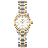longines master collection 25.5mm white dial gold pvd steel two tone automatic watch front facing upright image