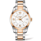 longines conquest classic GMT steel and 18ct rose gold two tone automatic watch front facing upright image