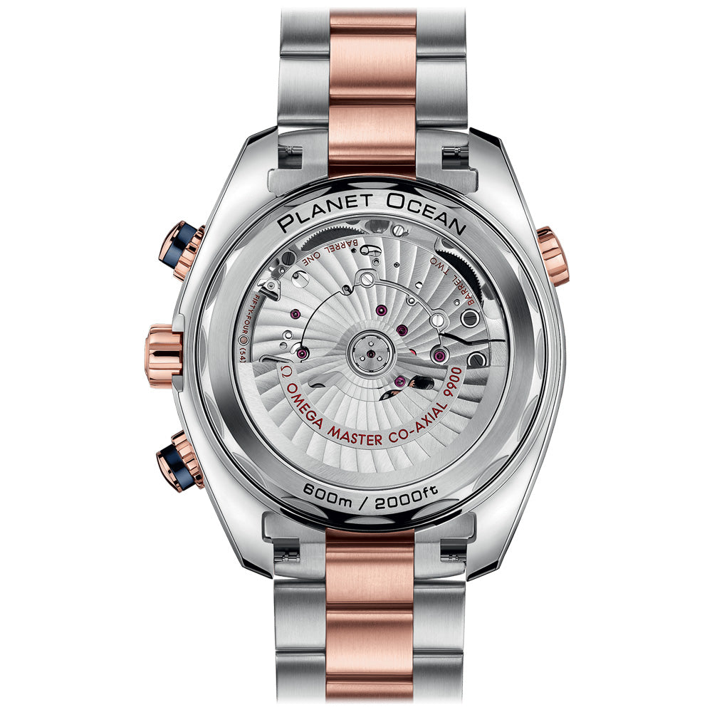 seamaster planet ocean 600m co axial master chronometer chronograph 45.5mm blue dial rose gold and steel watch back facing upright image