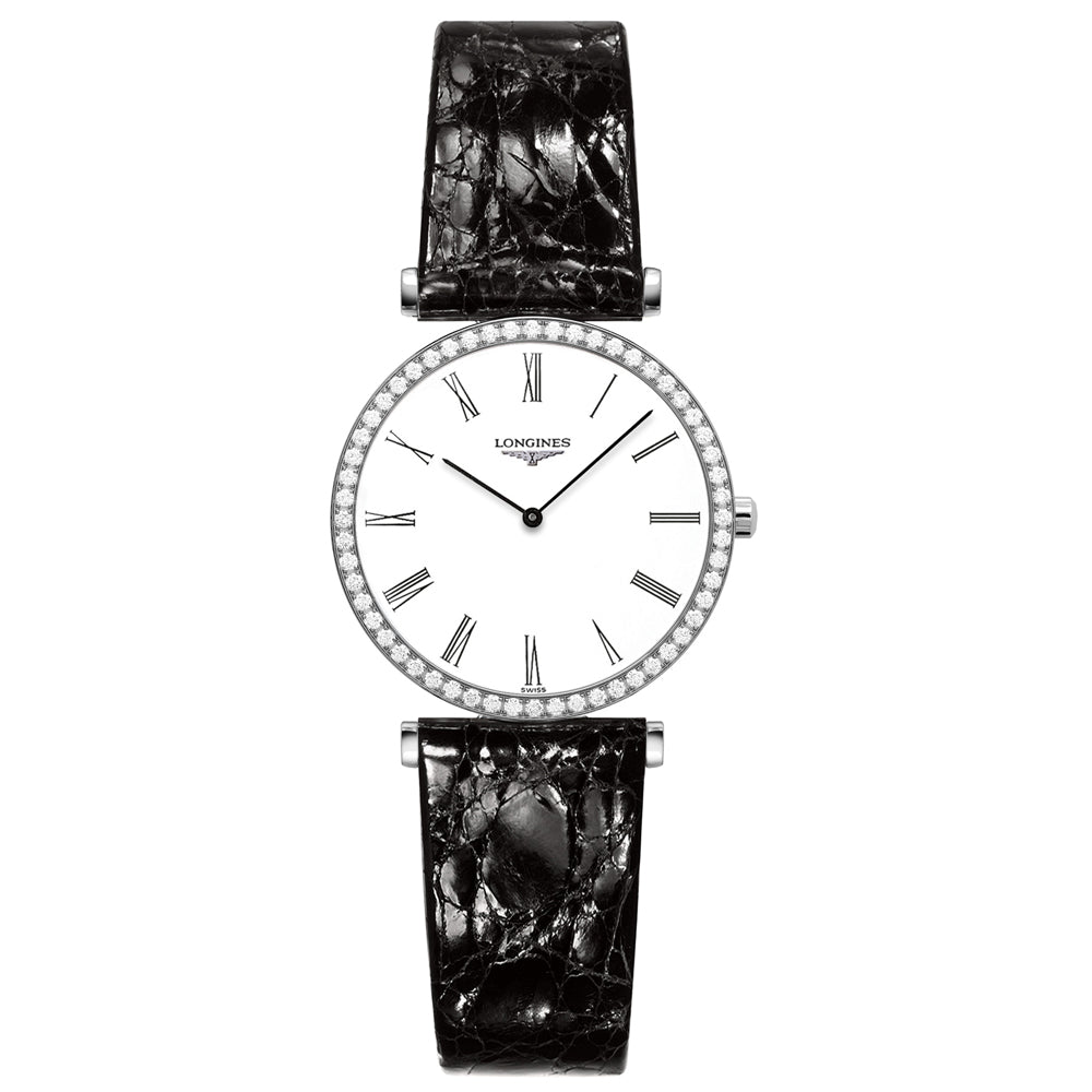 longines la grande classique 29mm white dial with diamond bezel quartz watch front facing upright image