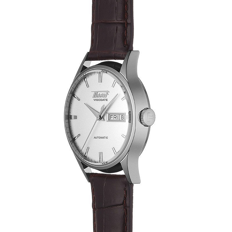 tissot heritage visodate 40mm silver dial day & date automatic watch on a leather strap side facing upright image
