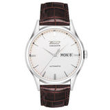 tissot heritage visodate 40mm silver dial day & date automatic watch on a leather strap front facing upright image