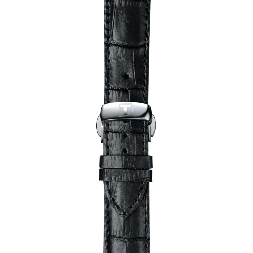 tissot t-classic bridgeport 40mm black dial quartz watch on a leather strap showing jewellery clasp