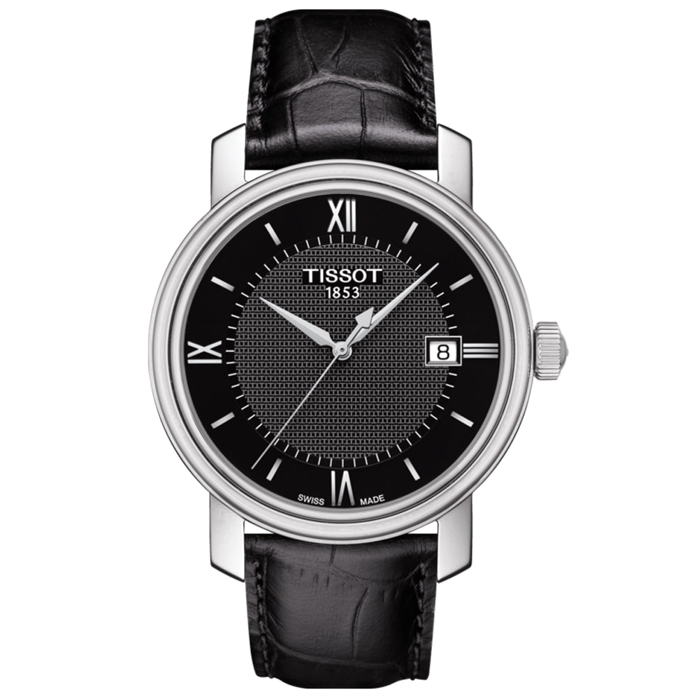 tissot t-classic bridgeport 40mm black dial quartz watch on a leather strap front facing upright image