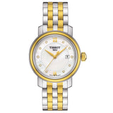 tissot bridgeport lady 29mm mother of pearl diamond dot dial gold PVD steel bicoloured quartz watch front facing upright image