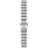 tissot le locle automatic small lady 25.30mm silver dial watch showing butterfly clasp on its stainless steel bracelet