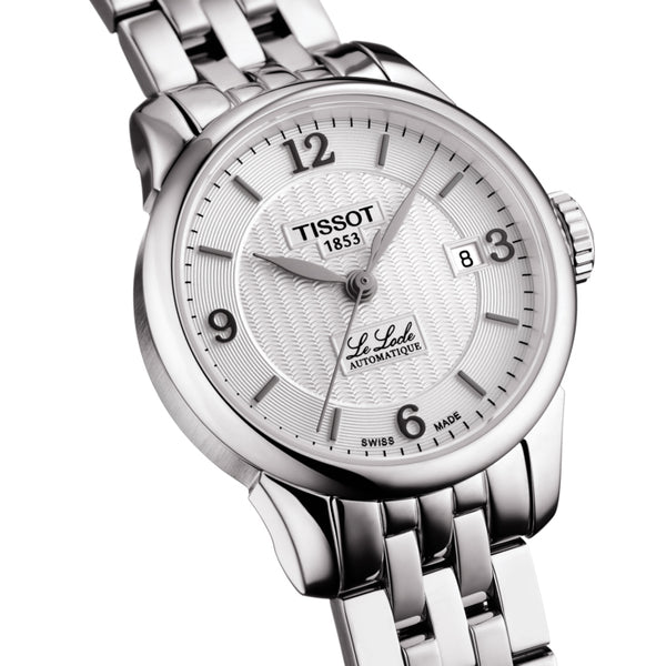 tissot le locle automatic small lady 25.30mm silver dial watch front side facing closeup image