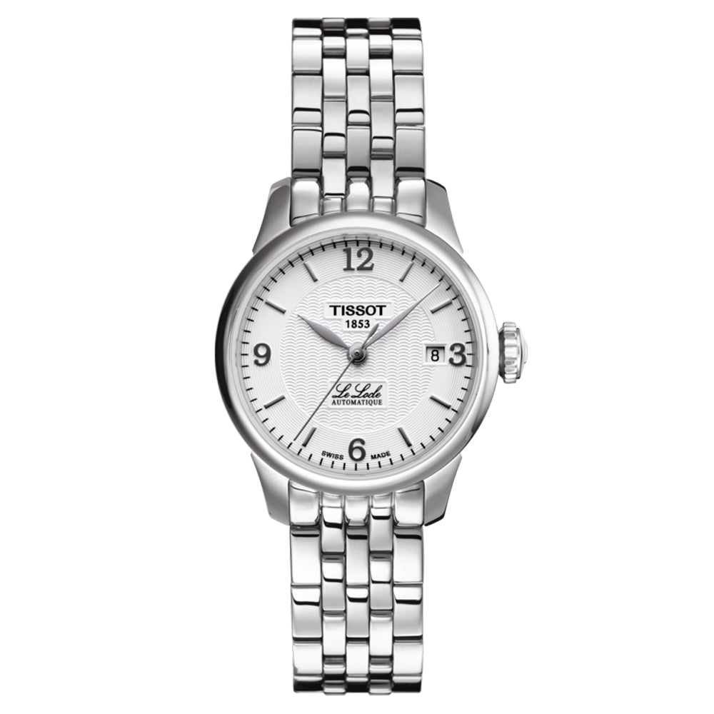 tissot le locle automatic small lady 25.30mm silver dial watch front facing upright image