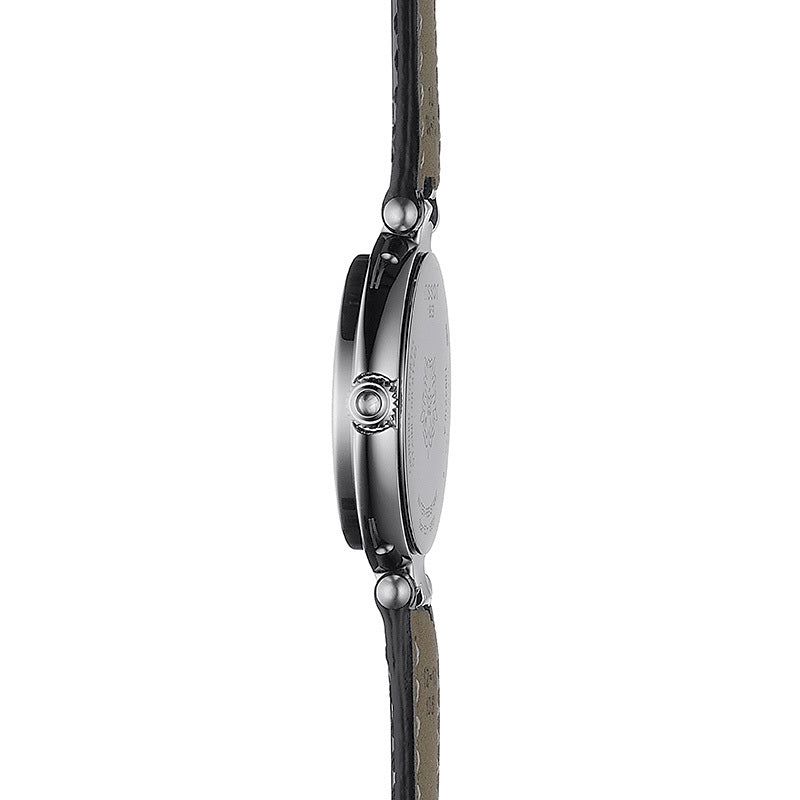 tissot t lady flamingo 30mm black dial quartz watch on a leather strap side facing upright image