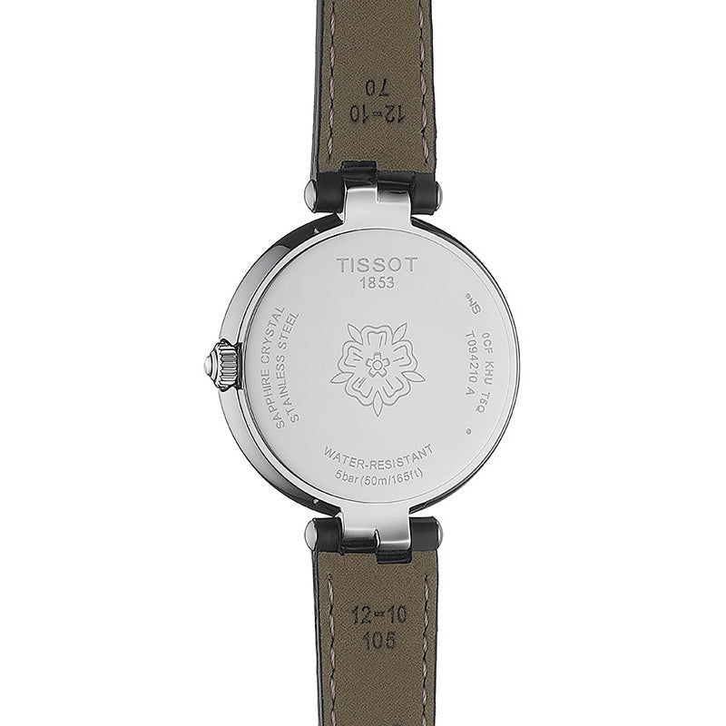 tissot t lady flamingo 30mm black dial quartz watch on a leather strap back facing upright image