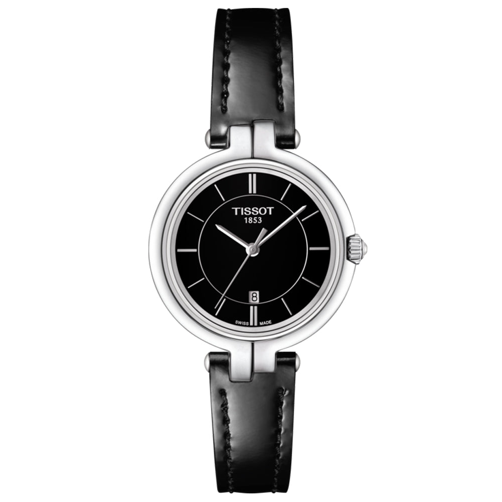 tissot t lady flamingo 30mm black dial quartz watch on a leather strap front facing upright image