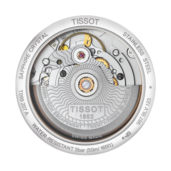 tissot chemin des tourelles powermatic 80 lady 32mm mother of pearl dial automatic watch showing its caseback